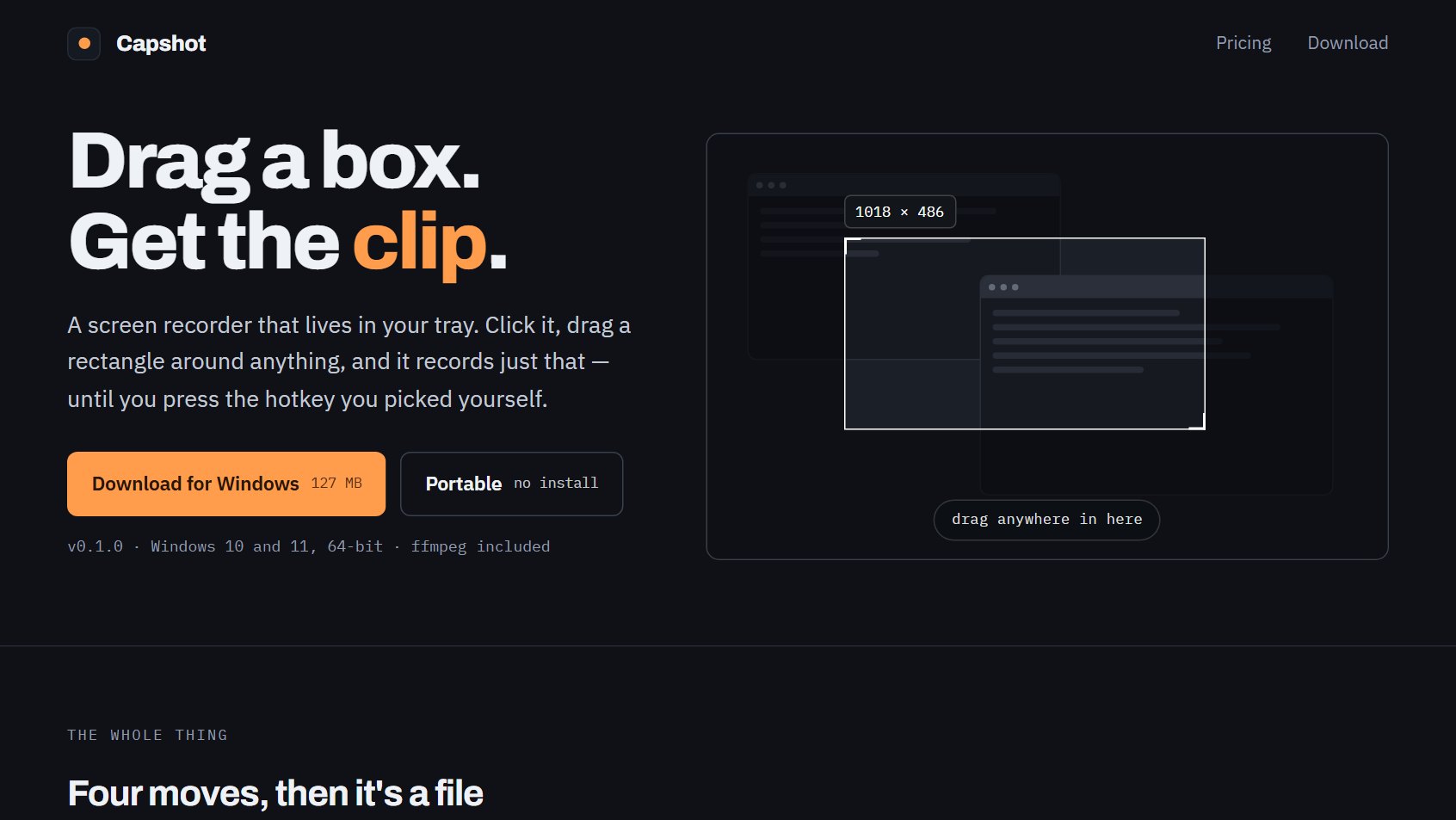 The Capshot landing page, a region screen recorder for Windows