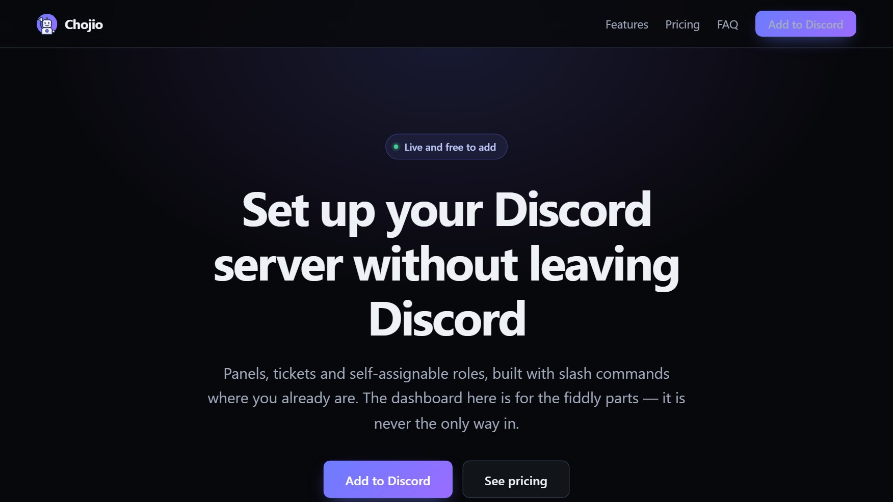 The Chojio landing page, a Discord server toolkit